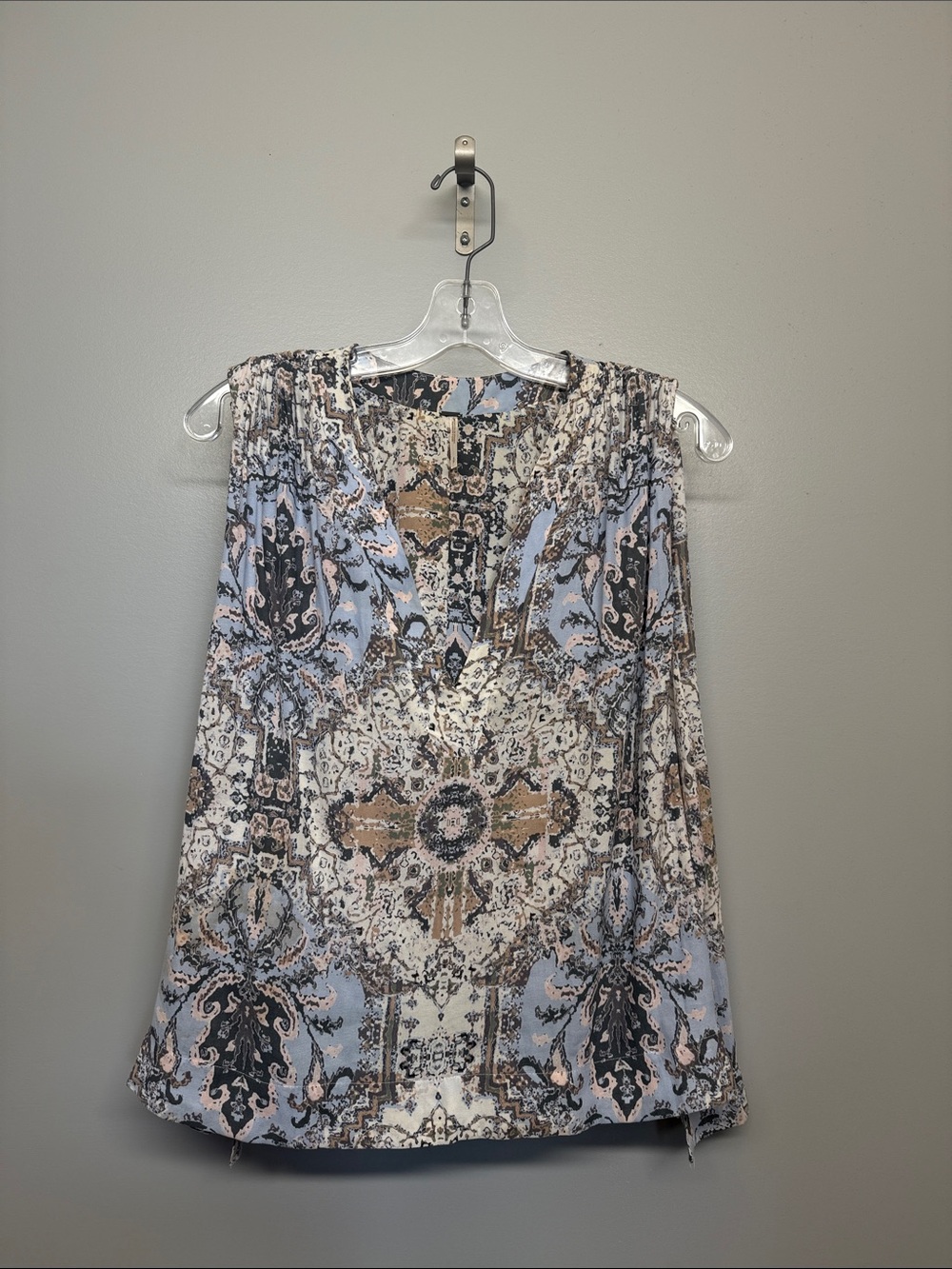 Free People Paisley Print Sleeveless V-Neck Oversized Top in Blue, Cream and Tan